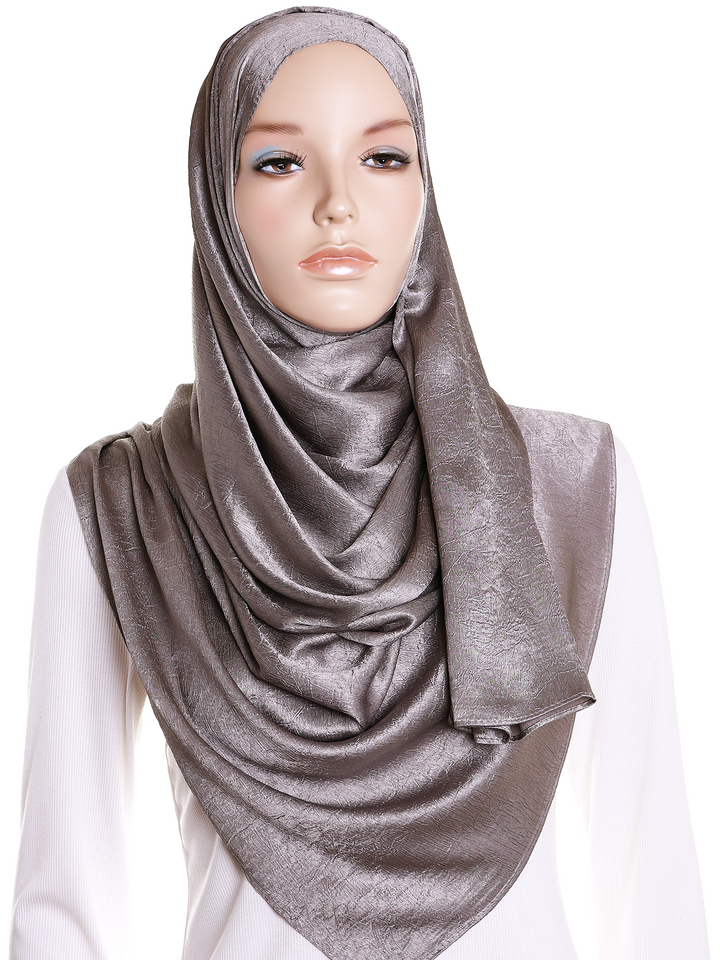 Taupe Grey Plain Crushed Satin Hijab