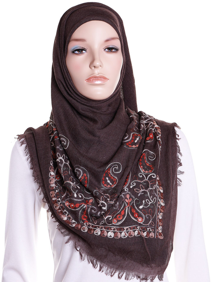 Brown Paisley Embroidered Square Hijab