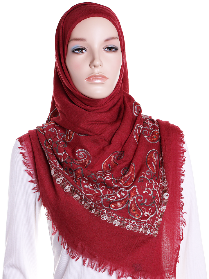 Maroon Paisley Embroidered Square Hijab