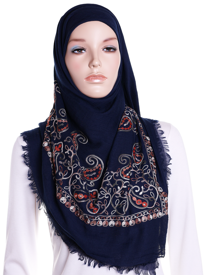 Navy Paisley Embroidered Square Hijab
