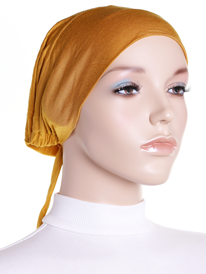 Mustard Plain Jersey Tie Back Bonnet