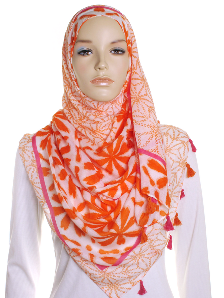 Orange Flower Tassel Cotton Hijab